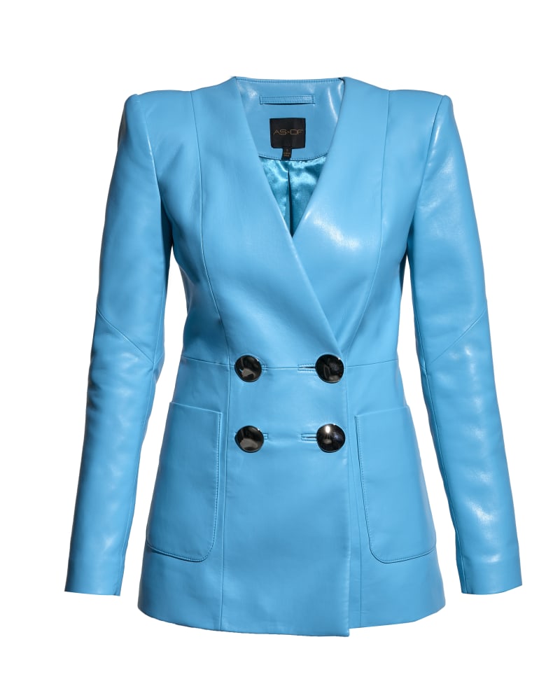 Front of a size L Claude Recycled Leather Blazer in Fiji Blue by AS by DF. | dia_product_style_image_id:327697